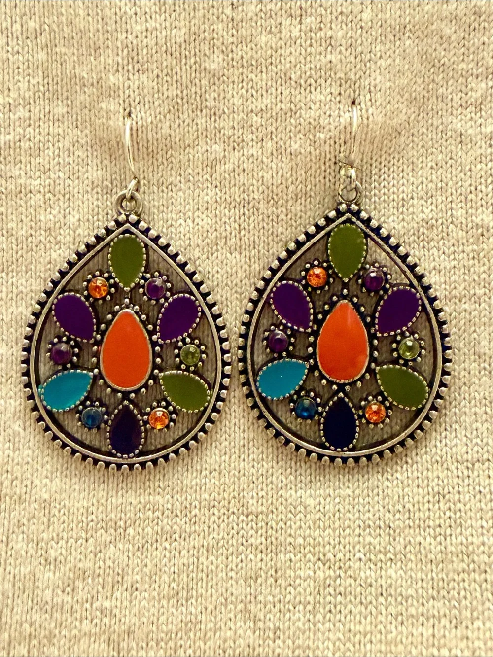 Bohemian Multicolor Teardrop Dangle Earrings - Orange, Purple & Turquoise